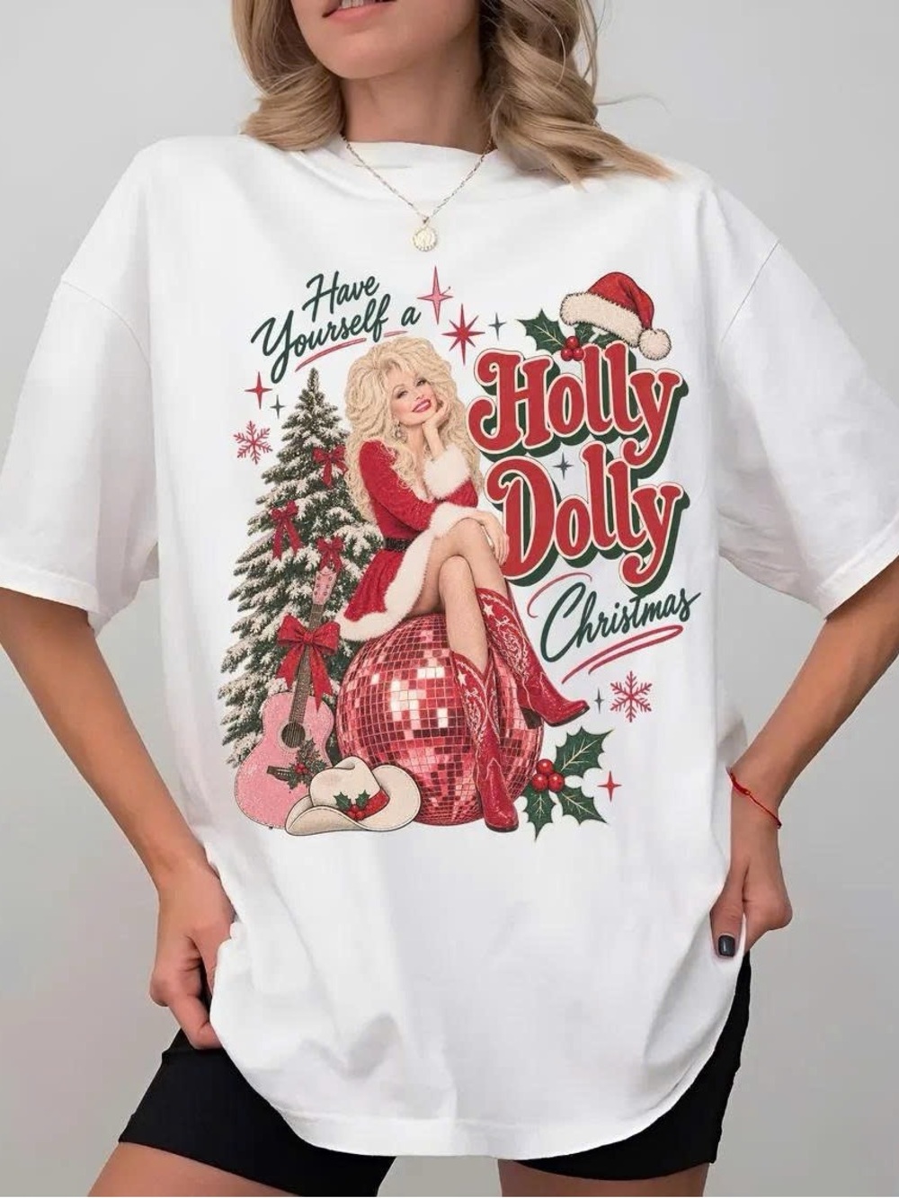 Holly Dolly Christmas Graphic Tee - White